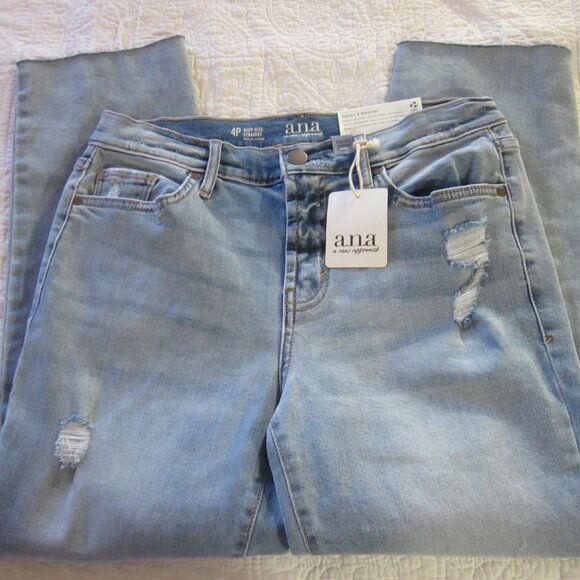 a.n.a Jeans 4P Blue High Rise Straight Distressed Raw Hem - Picture 3 of 5